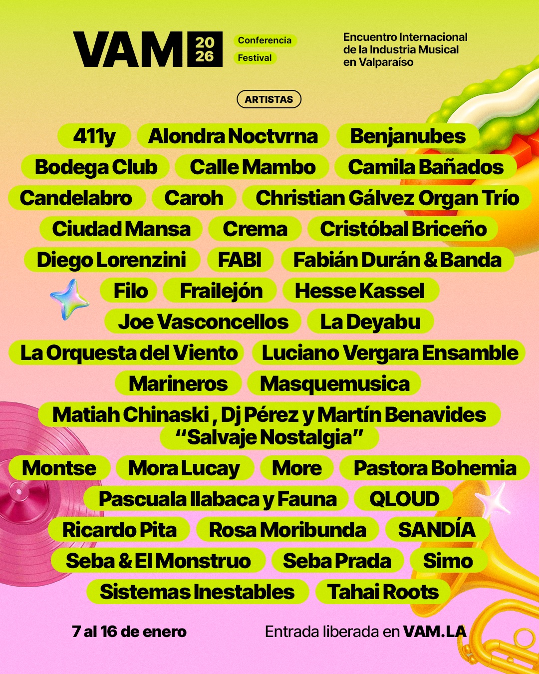 Marineros, Candelabro, Diego Lorenzini y más serán parte de VAM 2026